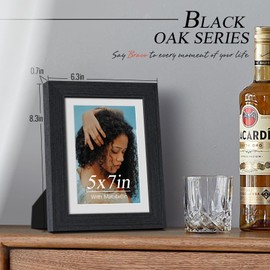 VCK 5x7 Picture Frame 5 Pack, Natural Wood Grain Black Oak & HD Glass, Display 4x6 Photos with Mat or 5x7 without Mat, Tabletop or Wall Hanging