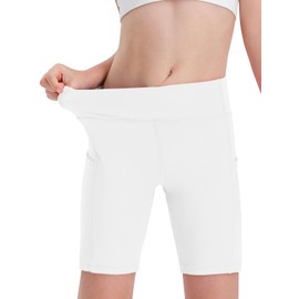 Haloumoning Girls Volleyball Spandex Shorts Kids Athletic Biker Dance Gymnastics Compression Shorts with Pockets White