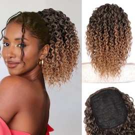 Stamped Glorious Afro Kinky Curly Ponytail Extension 14 Inch Drawstring Ponytail for Women Synthetic Short Fluffy Pony Tail for Daily Use(Mix Brown with Brown End)