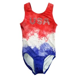 GymnasticsHQ Gymnastics Leotard for Girls – Rhinestone USA Red, White and Blue Tie Dye Leotard for Girls Gymnastics, Red, White & Blue, CL