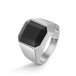 Mens Black Onyx Rings 925 Sterling Silver Square Agate Signet Rings For Men Luxury Ring Simple Design for Male Female (11, Silver)