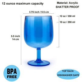 KOXIN-KARLU Classic Stackable 12 ounce Plastic Wine Stems Acrylic Glasses, set of 6 Blue
