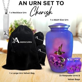AmericUrn Set of 4 Funeral & Cremation Urn for Ashes for Women & Men with 1 Large Hummingbird Decorative Urns for Human Ashes Adult Female, 2 Small Keepsakes and 1 NecklaceUrn - Handcrafted in India