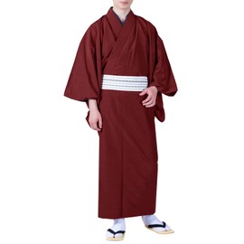 Kyoetsu Men's Kimono, Washable, Solid Color, Pongee, Japanese Clothing, red