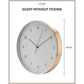 LUUK LIFESTYLE Silent quartz wall clock, Nordic and minimalist design, interior decoration for living room, kitchen, bedroom, white and gold
