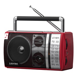 LEOTEC AM FM Radio, Portable Bluetooth Radio, Plug in Wall or Battery Operated Best Reception with Headphone Jack, Handheld Great for Home, Outdoor, Red