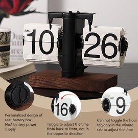 Flip Desk Clock, Retro Vintage Flip Desk Table Clock, Digital Flip Clock Sided Large Numbers Mechanical Flip Clock Wood Base for Living Room, Study Room and Office（Frosted White）