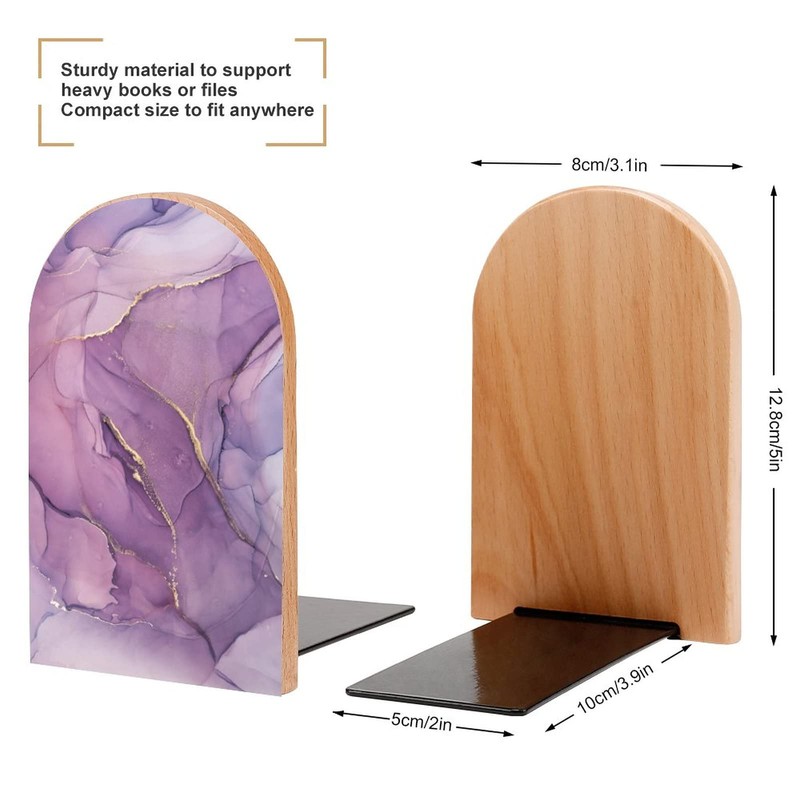 2 PCS Purple Marble Wooden Bookends for Shelves Beautiful Book