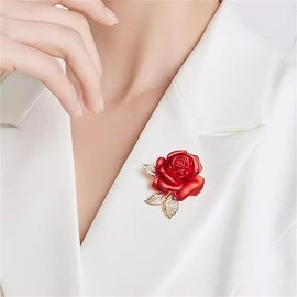 xutao Red Rose Brooch Alloy Rhinestone Flower Badge Lapel Pin Floral Brooch Valentine's Day Rose Pin Unisex Gift Clothing Sports Packaging Decoration, Metal