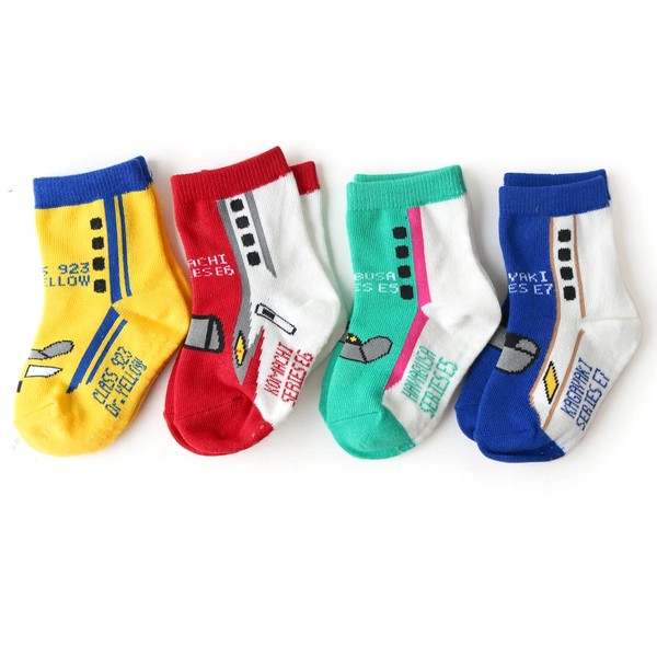Box408 Children's Socks, Railway Shinkansen Socks, Antibacterial Deodorant, Crew Length, 4 Pair Set, Komachi, Hayabusa, Doctor Yellow, Kagayaki, Red, Blue, Green, Yellow