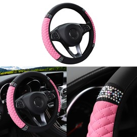 Couslcd Bling Car Steering Wheel Cover, 15 Inch Rhinestones Soft Leather Elastic Steering Wheel Protector, Sparkly Crystal Diamond for Women Girls, Car Interior Accessories for Most Cars (Pink)