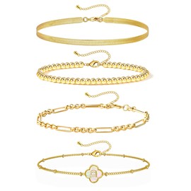 Gold Bracelets for Women, 24K Real Gold Plated A-Z Letter Sets Link Chain Bracelets Stack, Trendy Adjustable Bracelets Dainty Jewelry (D)