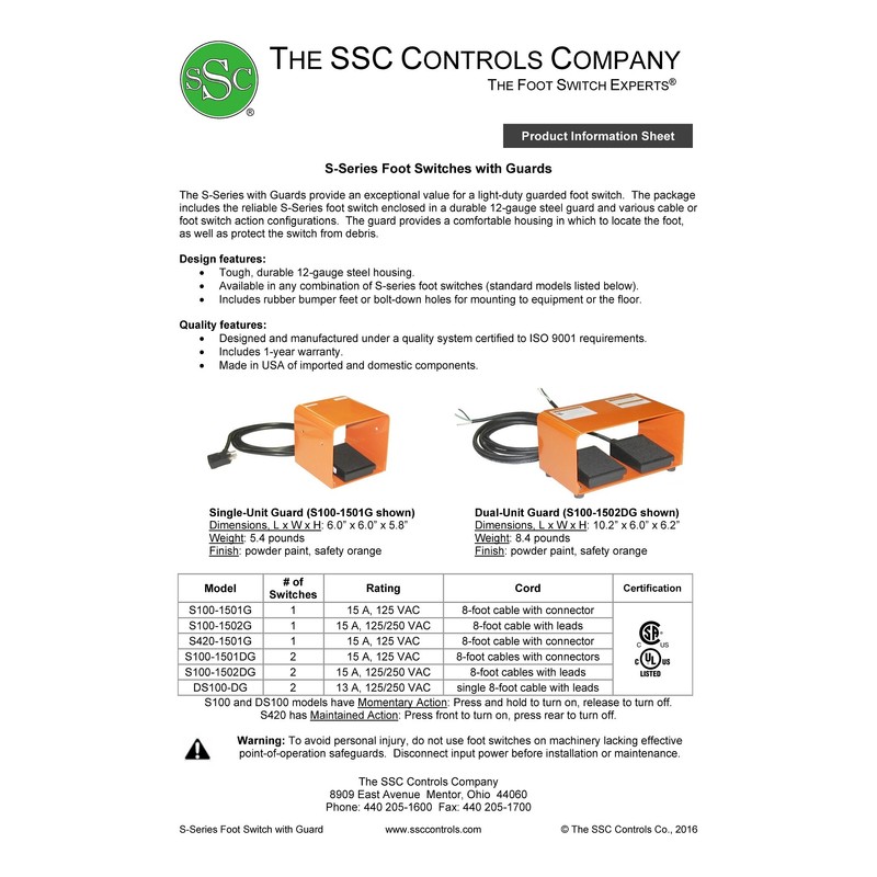 SSC Controls S100-1501-G Foot Switch with Guard, Electrical, Momentary Action,