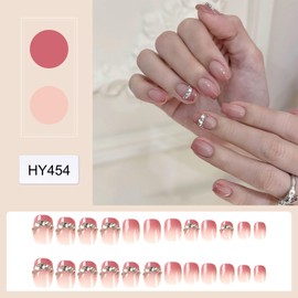 Gradient Pink Press on Nails - 24Pcs Short Square False Nails - Elegant Glossy Short Fake Cute Nails with Broken glass - Removable Full Cover Acrylic nails Press on Nail Art