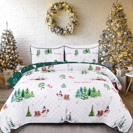 3 Pieces Christmas Quilt Set Queen, Lightweight Reversible Christmas Tree Snowman Comforter Bedding Set, Soft Microfiber Quilts Bedspread Coverle Merry Xmas, 1 Quilt 90" x 90" & 2 Pillow Shams