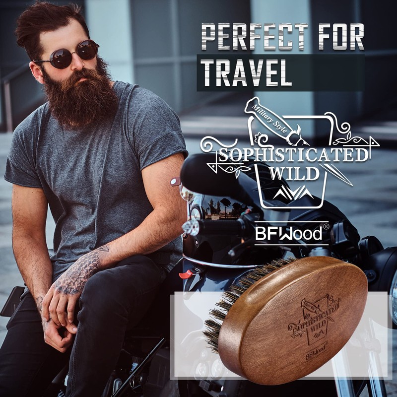 BFWood Boar Bristle Beard Brush, Black Wood Walnut Military Style,
