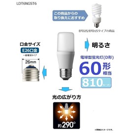 Panasonic LDT6NGST6 LED Bulb, Base Diameter 1.0 inches (26 mm), Bulb 60 W Equivalent, Daylight White Equivalent (6.0 W), General Bulb, T Shape Type, Compatible with Enclosed Fixtures