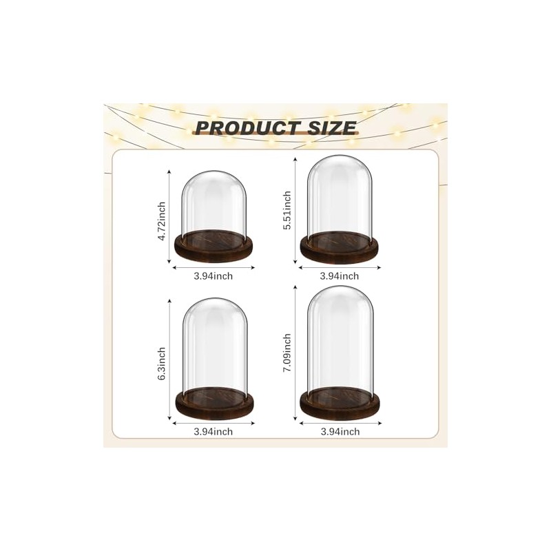 Suclain 4 Pcs Clear Glass Dome Cloche with Wood Base