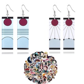 XHBTS 2 Pairs Demon Slayer Cosplay Earrings and 50 Pcs Demon Slayer Stickers Guitar Door Laptop Luggage Bicycle Sticker Anime Earring Cosplay Accessories Valentine's Day Gifts