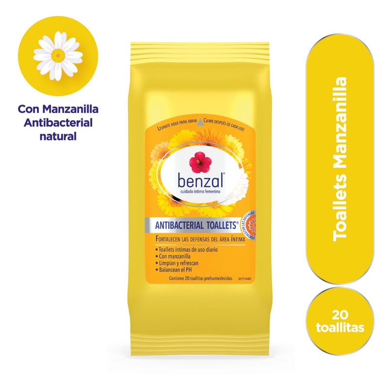 Benzal Toallets, Toallitas Humedas Íntimas, Manzanilla, Antibacterial, Paquete De 20