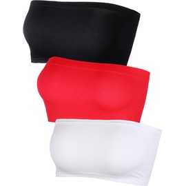 Women's Strapless Bralette Seamless Bandeau Stretchy Non-Padded Bandeau Tube Top Bra in Multi Color, 3 Pieces (Color Set 10) (Black, White, Red, F Size)