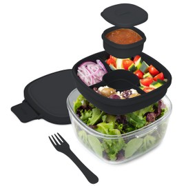 Bentgo Glass All-in-One Salad Container - Large 61-oz Salad Bowl with Lid, 4-Compartment Bento-Style Tray, 3-oz Sauce Container, and Reusable Fork - Dishwasher, Microwave, and Oven Safe (Black Onyx)