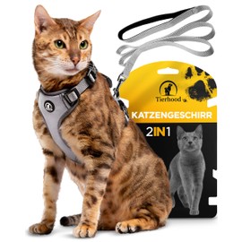 Tierhood® Cat Harness, does not need to be pulled over head - Includes Lead - for Small & Large Cats - Harness Set with Cat Lead - Cat Harness - Cat Harness - Cat Harness with Lead Escape Proof (S, Grey)