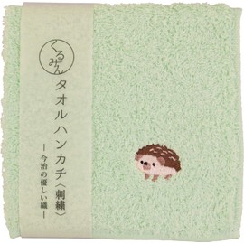 Keisuu Kurumin 4526847142773 Hankachi Towel, Handkerchief, Embroidery, Hedgehog, Green, 9.8 x 9.8 inches (25 x 25 cm)