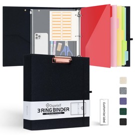Ospelelf 2 Inch 3 Ring Binder Organizer with Zipper Pouch, Black Clipboards with Storage (8.5" x 11"), 5 Plastic Dividers with 10 Pockets, Linen Hardcover Binder for School, Office