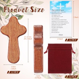 Queekay 12 Set Small Wooden Crosses in Bulk Hand Held Prayer Pocket Comfort Crosses with Velvet Pouch and Prayer Cards Christian Church Gifts 2.56'' Mini Holding Crucifix for Christmas