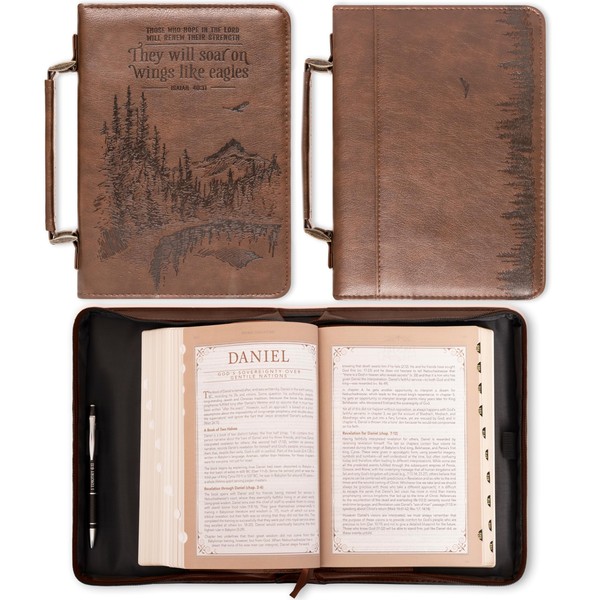 Christian Art Gifts Men's Classic Bible Cover On Wings Like Eagles Mountain Isaiah 40:31, Brown Faux Leather, Large