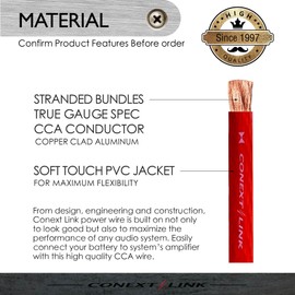 Conext Link 20 ft Frost Red 1/0 Gauge Amplifier Power Ground Wire 0 GA Battery Cable （10816）