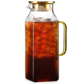 2 Liter/68 oz Square Glass Pitcher with Lid, Classic Stripes Water Pitchers with Handle for Fridge, Large Jug for Iced Tea, Coffee, Borosilicate Glass Carafe for Hot/Cold Brew Drink, Gold