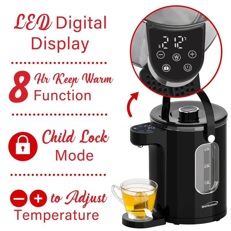 Brentwood KT-2230DBK 3-Liter 1100w Digital Glass Instant Hot Water Dispenser
