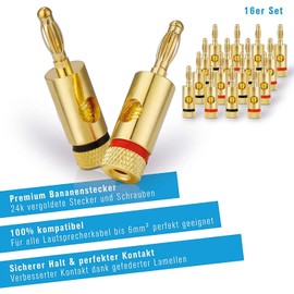conecto Banana Plug Speaker Connector Premium (Set of 16) for all Speaker Cables with a Diameter of max. 6 mm², 16 Pieces with Colour Coding (8 x Red, 8 x Black), 24 K Gold-Plated