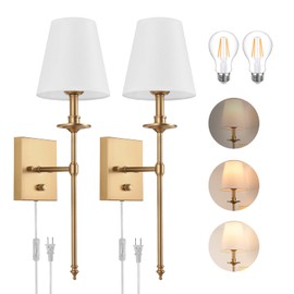 Dimmable Wall Sconces Set of Two, Plug in Wall Sconces White Fabric Shade, Wall Lamp for Bedroom, Living room, Plug in Wall Light Sconces Wall Decor Set of 2, LED Bulbs Included, Antique Brass