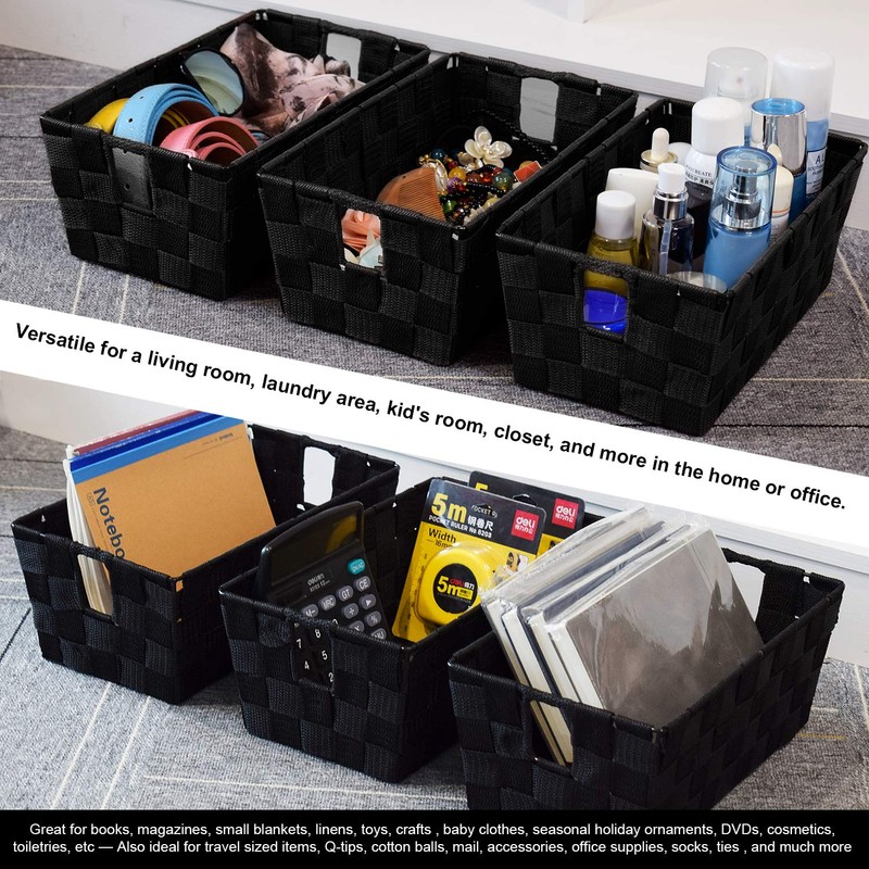 Woven Black Storage Baskets Shelf Tote Boxes Container, Durable Storage