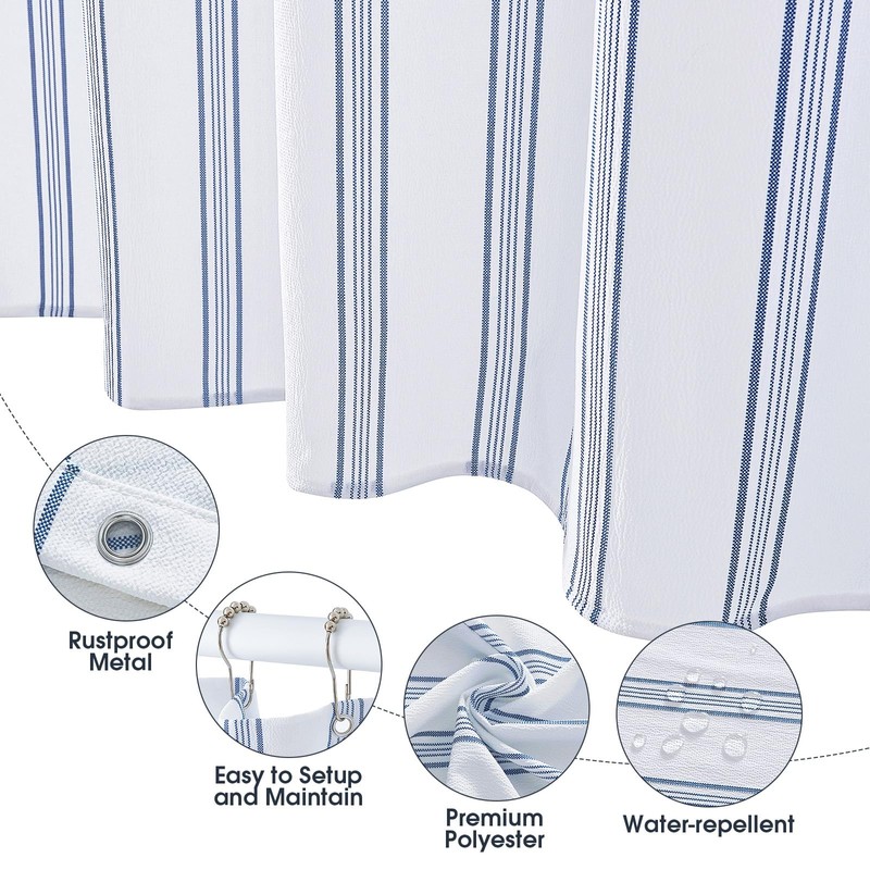 ORTIGIA Textured Fabric Shower Curtain-Blue Striped, 72x72 Inch Yarn Dyed