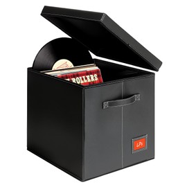 yoyobubu Black Faux Leather Vinyl Record Storage Box – 12-Inch LP Record Holder & Case with Lid – Stackable Record Storage Crate for Albums, Rolls & Accessories – Sturdy Organizer 1Pack
