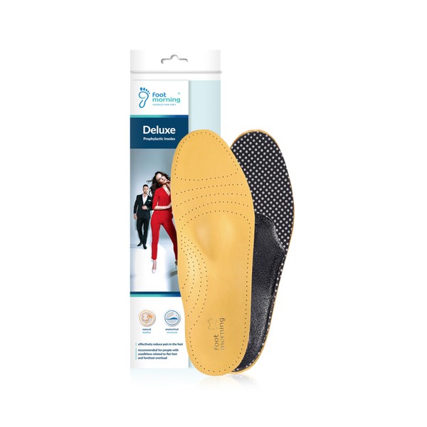 Foot Morning Deluxe - Orthopedic Leather Shoe Insoles - High Quality Leather Foot Bed Insoles with Arch Support for Flat Foot, Metatarsal Discomfort, Plantar Fasciitis (39 EUR Women)