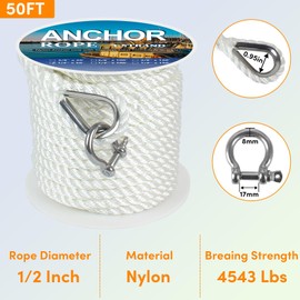 Anchor Rope 50 ft X 1/2 inch, 3-Strand Twisted Nylon Anchor Line, Boat Rope with Stainless Steel Thimble and Shackle for Boating, Anchoring, Mooring,Pulling (White)