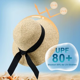 VIFUUR Damen Strohhüte Breiter Rand Sommervisier Strand Sonnenhut Verpackbare UPF UV Faltbare Reise Beige/Coffee M/L