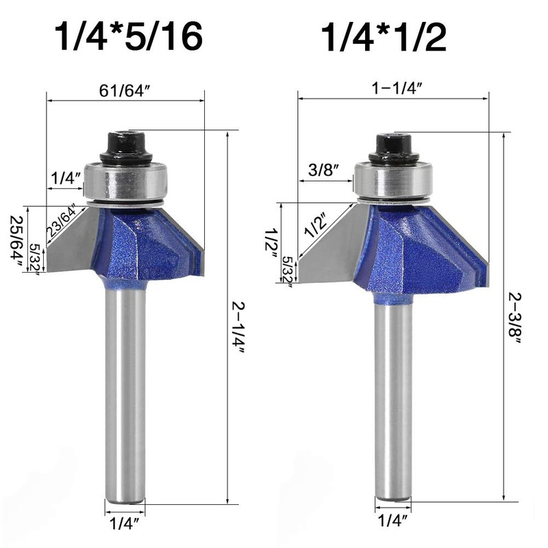 Gasea 4pcs 1/4" Shank 45 Degree Chamfer Router Bits Bevel