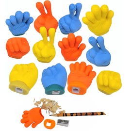 Zugar Land Kids Stationery Sets (12 Hand Gesture Pencil Sharpeners) Neon Color. Blue, Orange, Yellow.