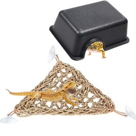 2Pcs Reptile Habitat Set, Reptile Hammock with Suction Cups Lizard Lounger Gecko Hideout Small Animal Hideout, Plastic Hide for Small Snakes, Hognose Snakes, Cornsnakes (Black, Large)