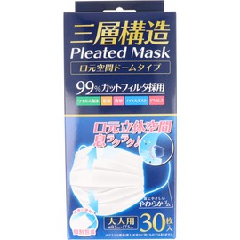 Three-Layer Pleated Mask, Mouth Space, Dome Type, Individually Packaged, For Adults, Pack of 30