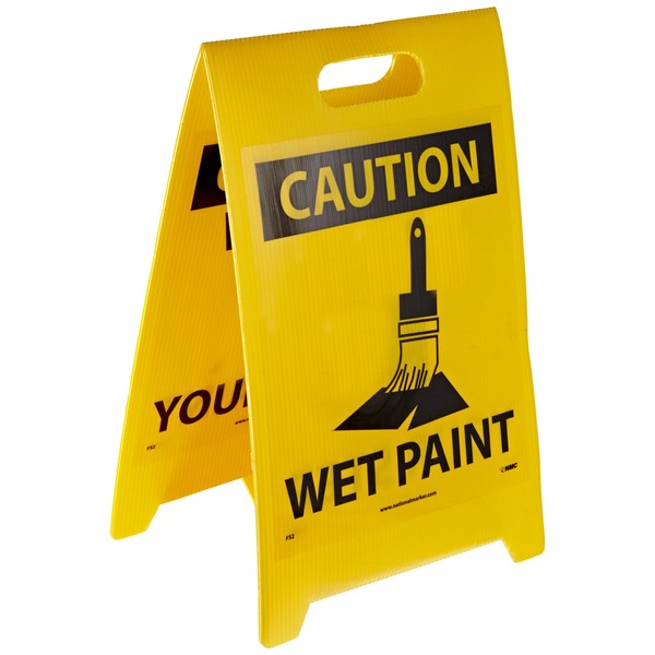 NMC FS2 Double Sided Floor Sign, Legend "CAUTION - WATCH YOUR STEP WET PAINT" with Graphic, 12" Length x 20" Height, Coroplast, Black on Yellow