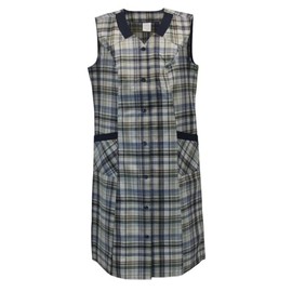 Schuerzenfabrik Button Gown Women's Mixed Fabric Checked Apron Sleeveless Cooking Apron Smock Apron, Design 9