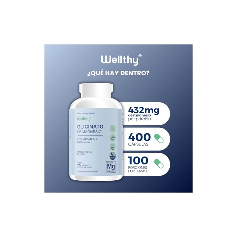 Wellthy Glicinato Magnesio 400 Cápsulas 432mg 100 Natural Puro Alta