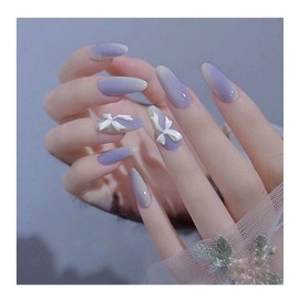 Glossy Long Press On Nails With Designs,Bowknot Fake Nails Full Cover Gradient Blue Nails for Women and Girls,24pcs Artificial Acrylic Nails